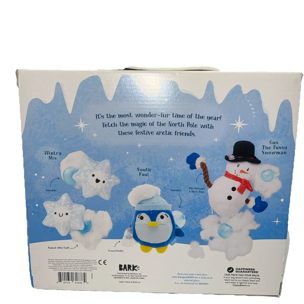 Bark Wagical Winter Wonderland 4 Dog Toys Squeaker Penguin Snowman Snowflake New